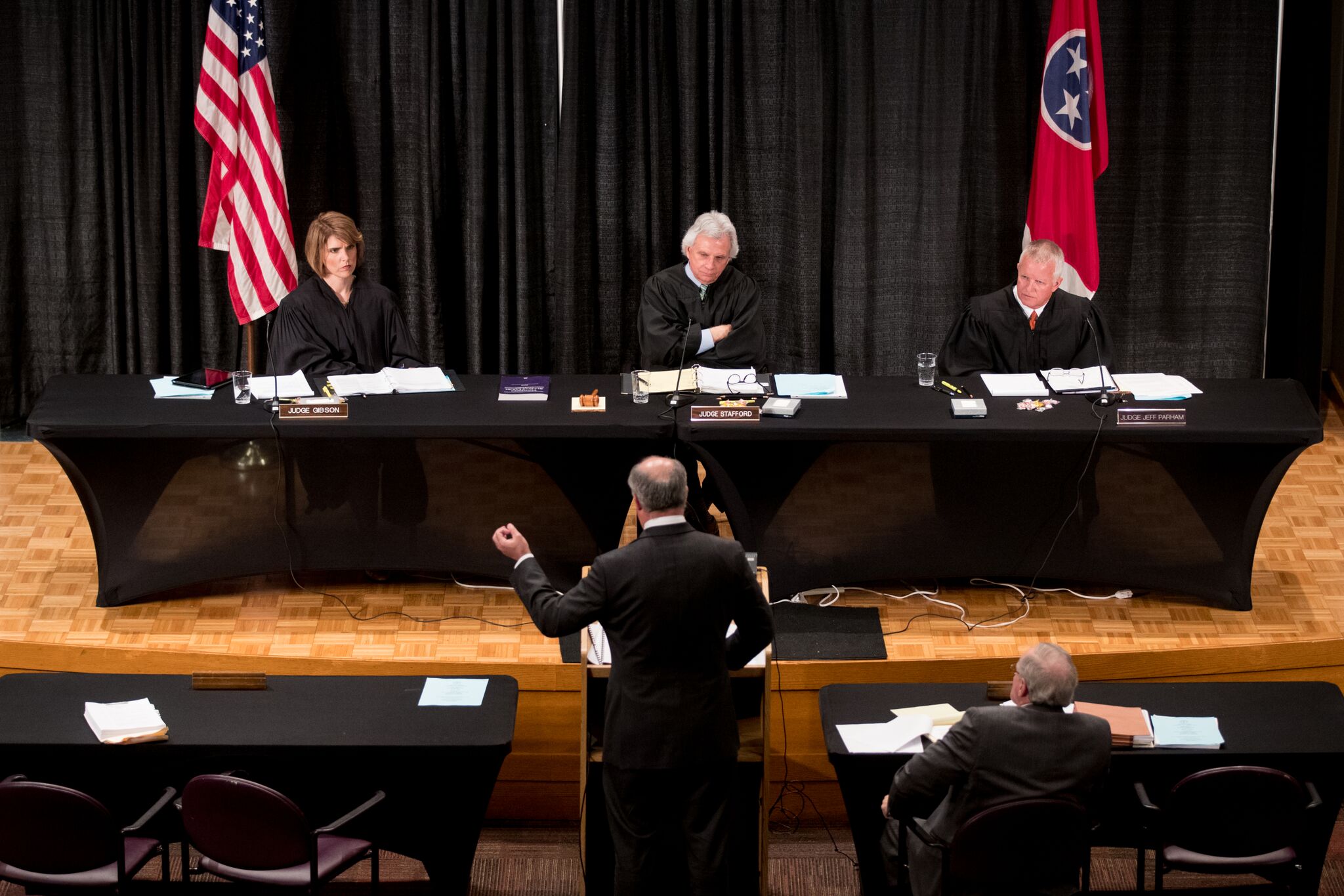 (Sitting Left to Right): COA Judge Brandon Gibson, COA Judge Steven Stafford, and Circuit Judge Jeff Parham, sitting as a special judge,  hear a case at UT-Martin.