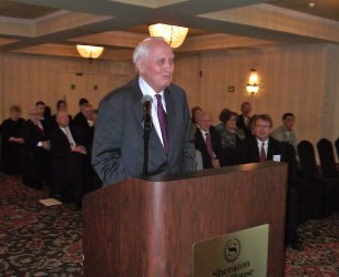 Judge Herschel P. Franks makes remarks as he is honored for his decades of service to the Judiciary. At right is Judicial Nominating Committee Vice Chair Christopher Clem.