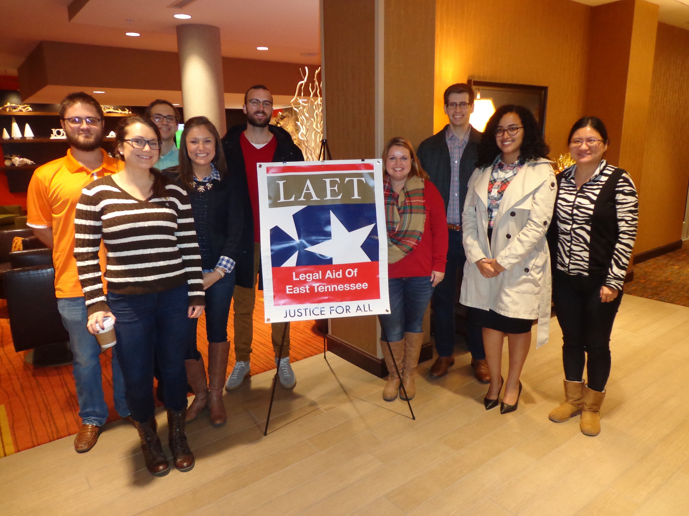  Law student volunteers provide client intake at a recent disaster relief legal advice clinic in Gatlinburg. Pictured (from left) are Keaton Murphy, Brittani Brooks, Brian Wilson, Ashley Zepeda, Reece Brassler, Emma Steel, Tyler Brown, Julia Hale, and Caitlyn Sun, from University of Tennessee and University of Memphis School of Law.  not pictured: Savannah Dabney